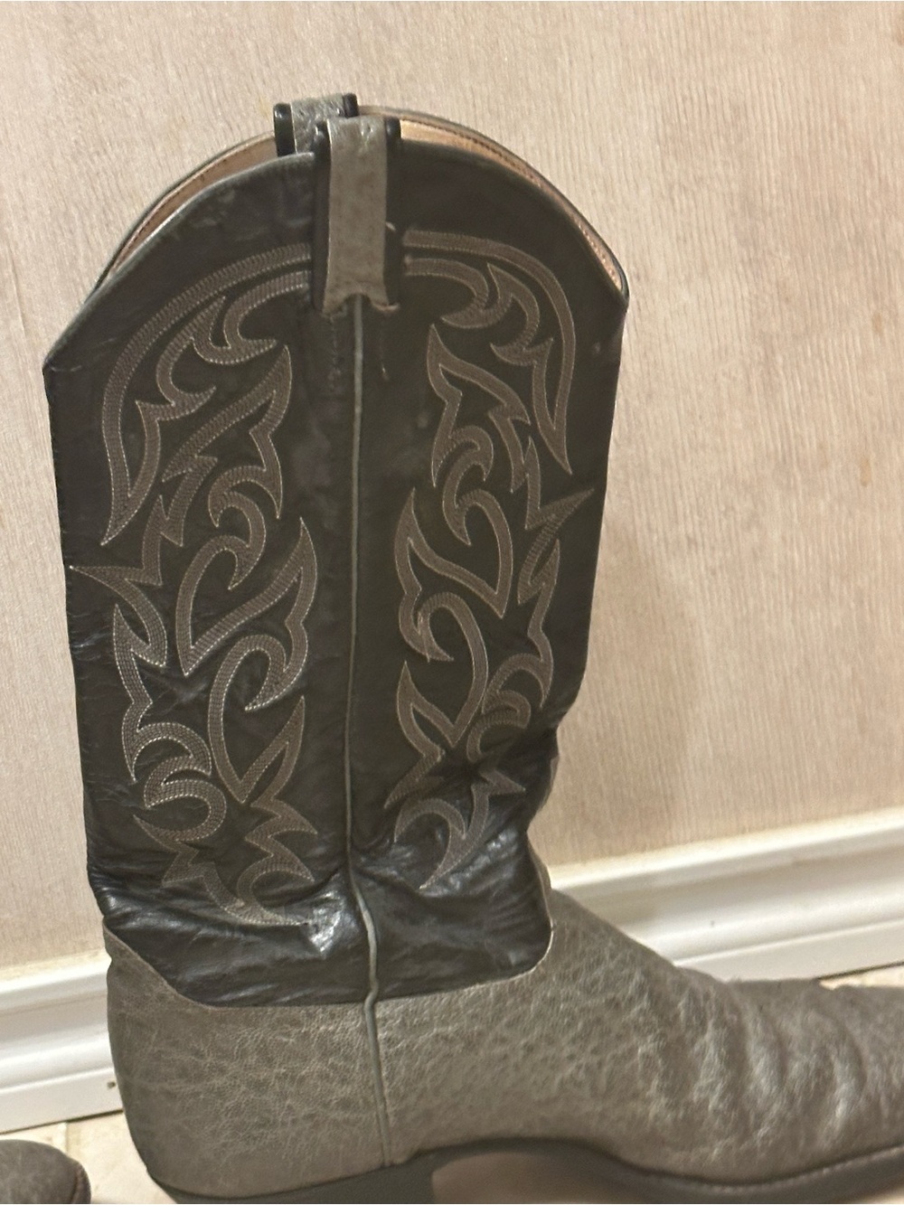 Larry Mahan Gray Elephant Foot with Black Leather Embroidered Shaft Cowboy Boots - Picture 7 of 16